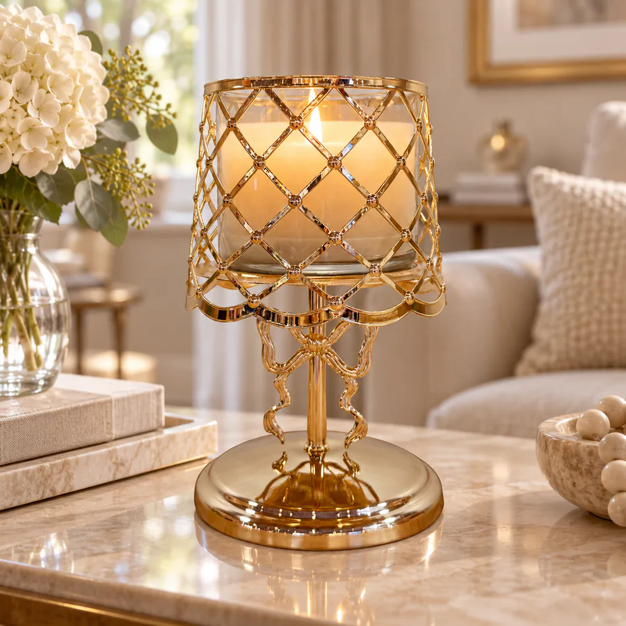 Champagne Gold With Bow  Pedestal Candle Holder in a home setting