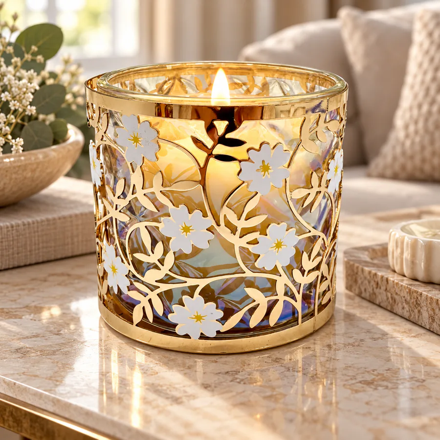 Gold Flower Metal Candle Holder in a home setting