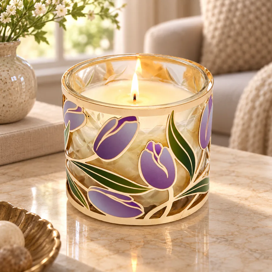 Gold Purple Tulips Candle Holder in a home setting