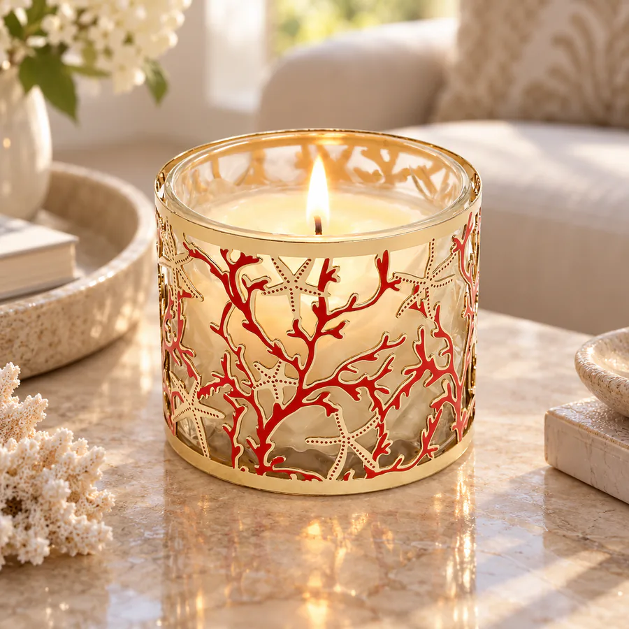 Gold Coral & Starfish Metal Candle Holder in a home setting
