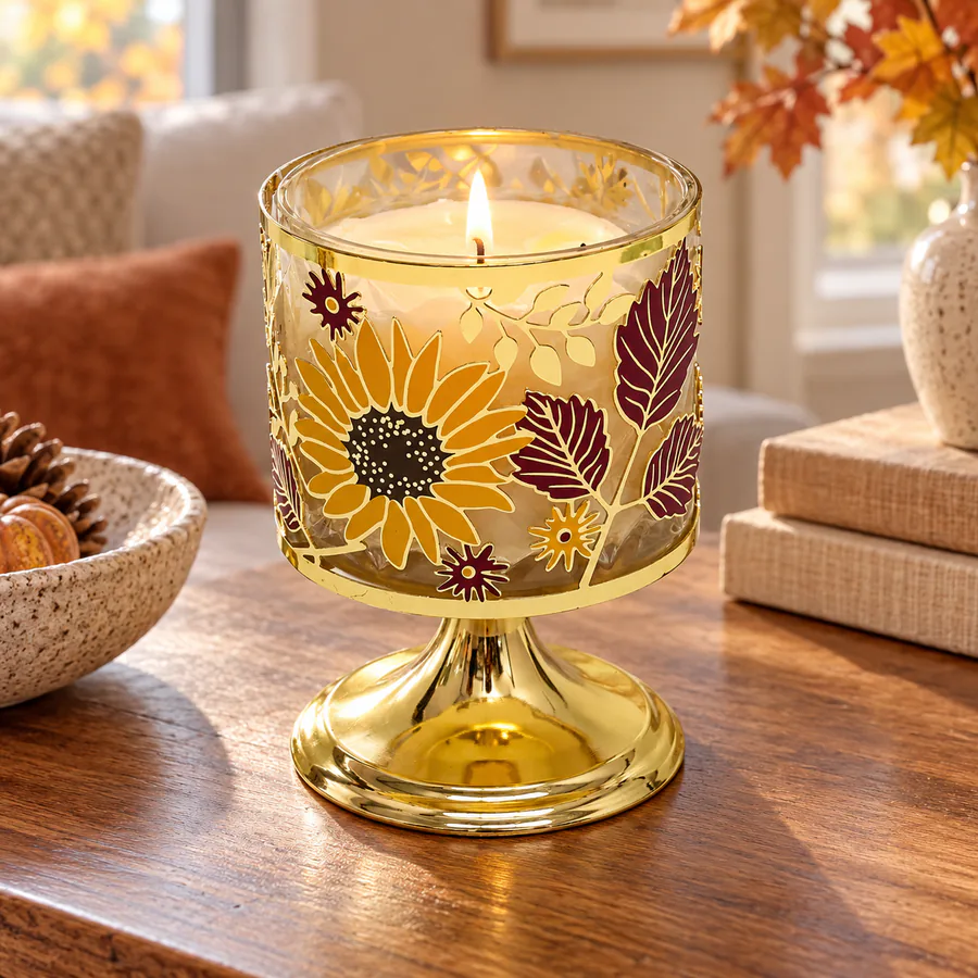 Sunflower Fall Pedestal Metal Candle Holder in a home setting