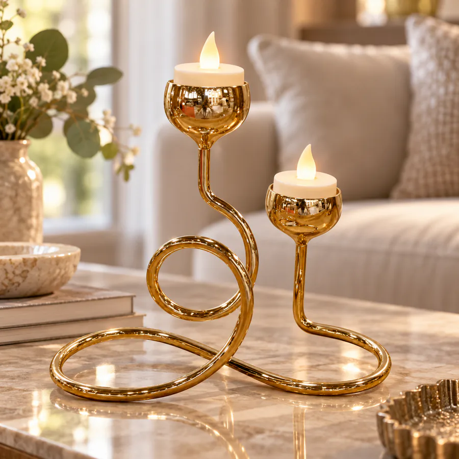 2-Cup  Gold Metal Candle Holder