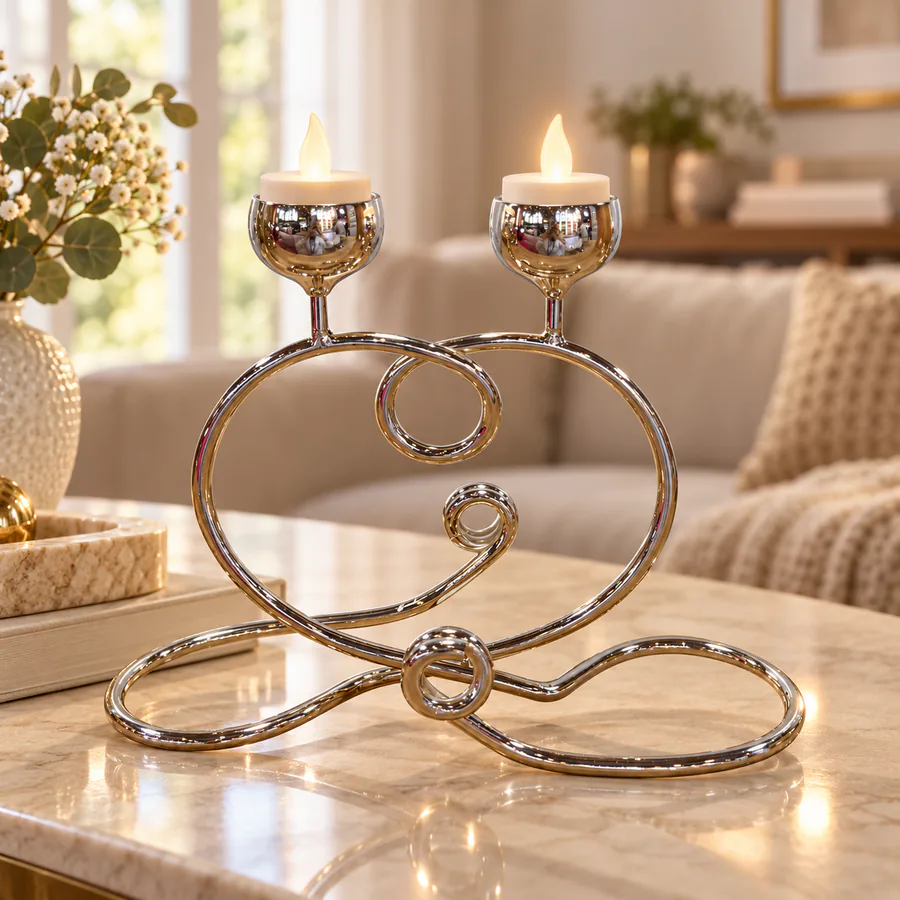 2-Cup  Silver Metal Candle Holder