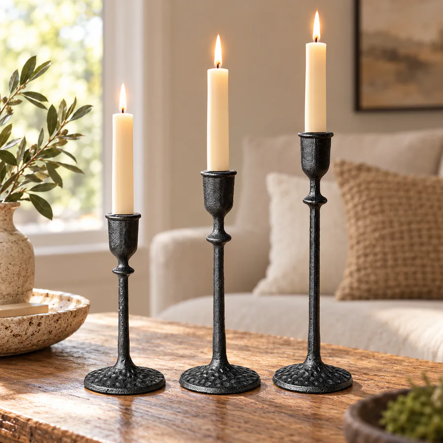 Black Vintage Cast Iron Taper Candle Holders Set of 3 in a home setting