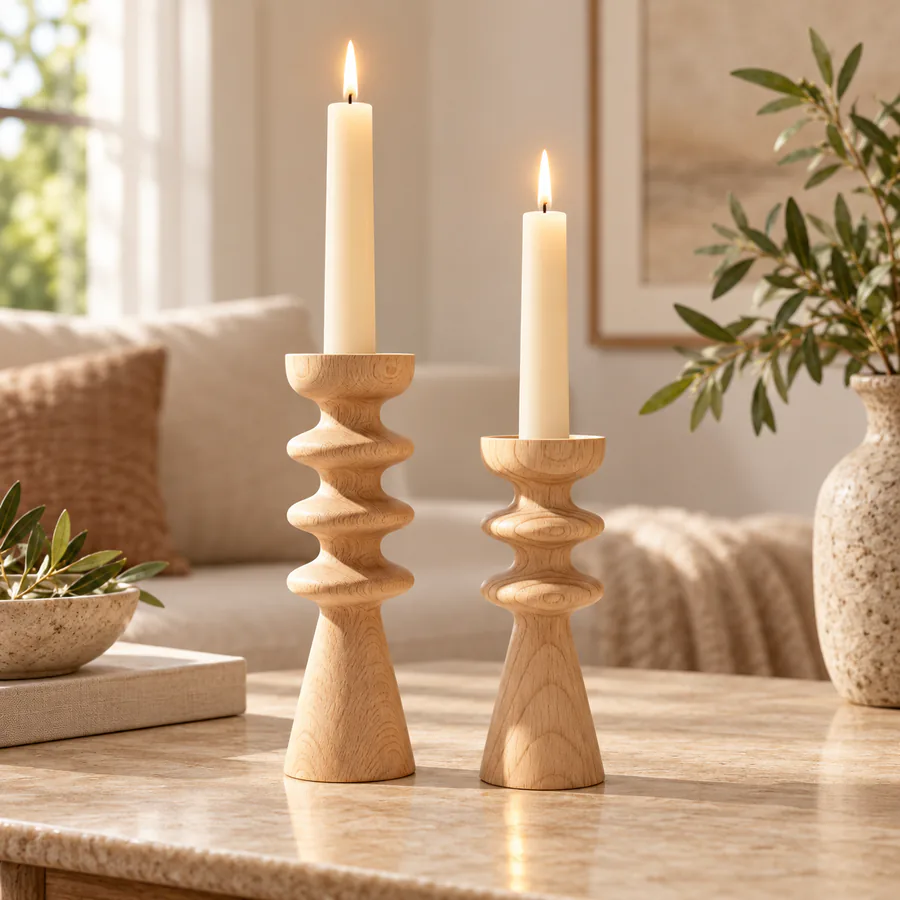 Natural Solid Wood Taper Candle Holders Set of 2