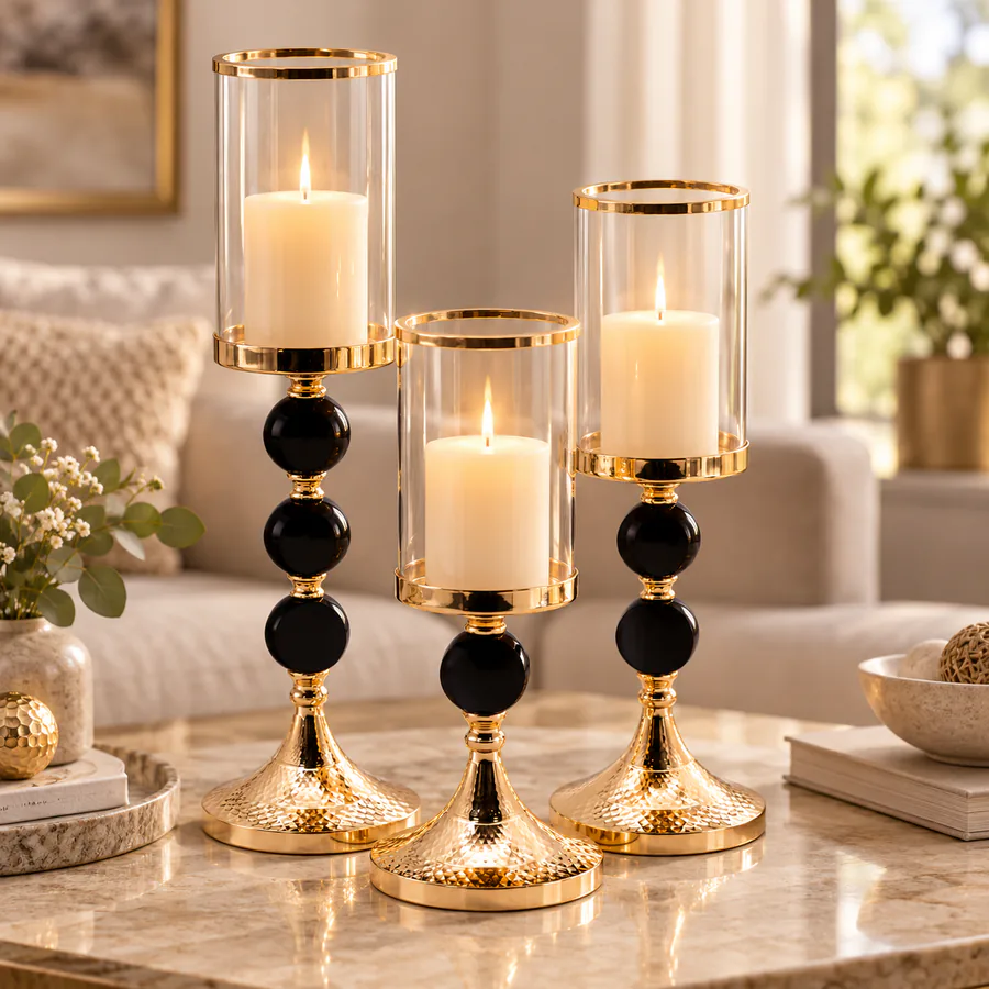 Set of 3 Black & Gold  Hurricane Candle Holders