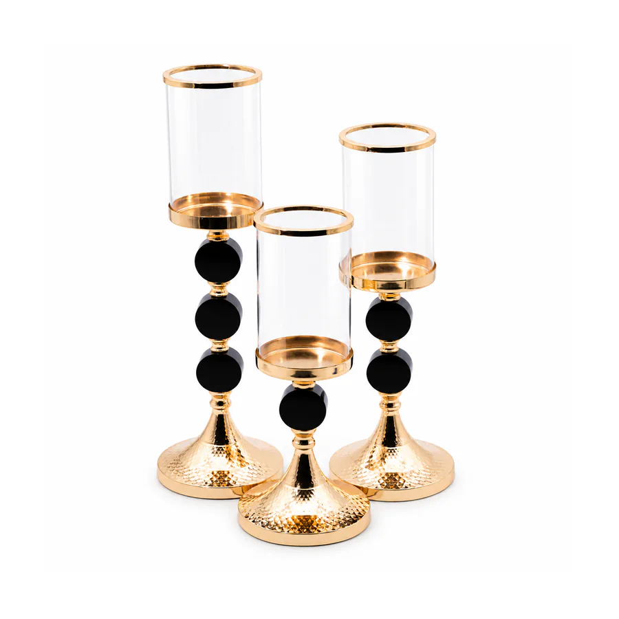 Set of 3 Black & Gold  Hurricane Candle Holders