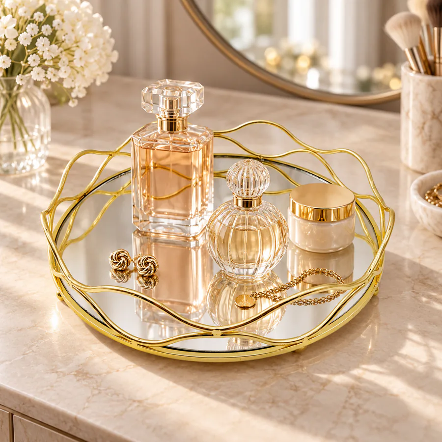 Decorative Gold Wire Metal Vanity Tray in a home setting