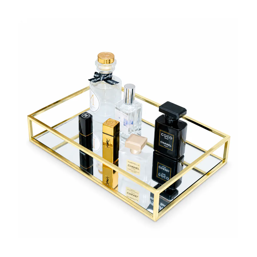 Metal Frame Mirror Vanity Tray in a home setting