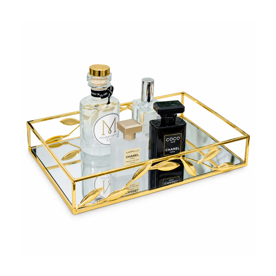 Gold Leaf Metal Wire Mirror Vanity Tray in a home setting