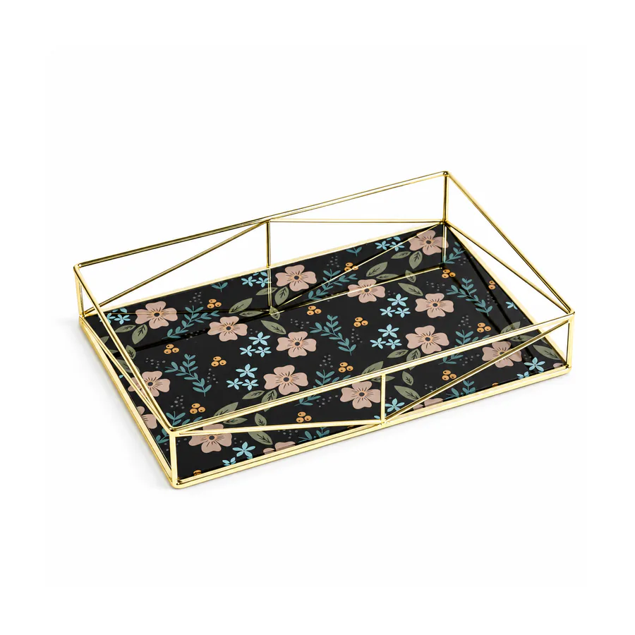 Gold Metal Frame Floral Printed Base Vanity Tray