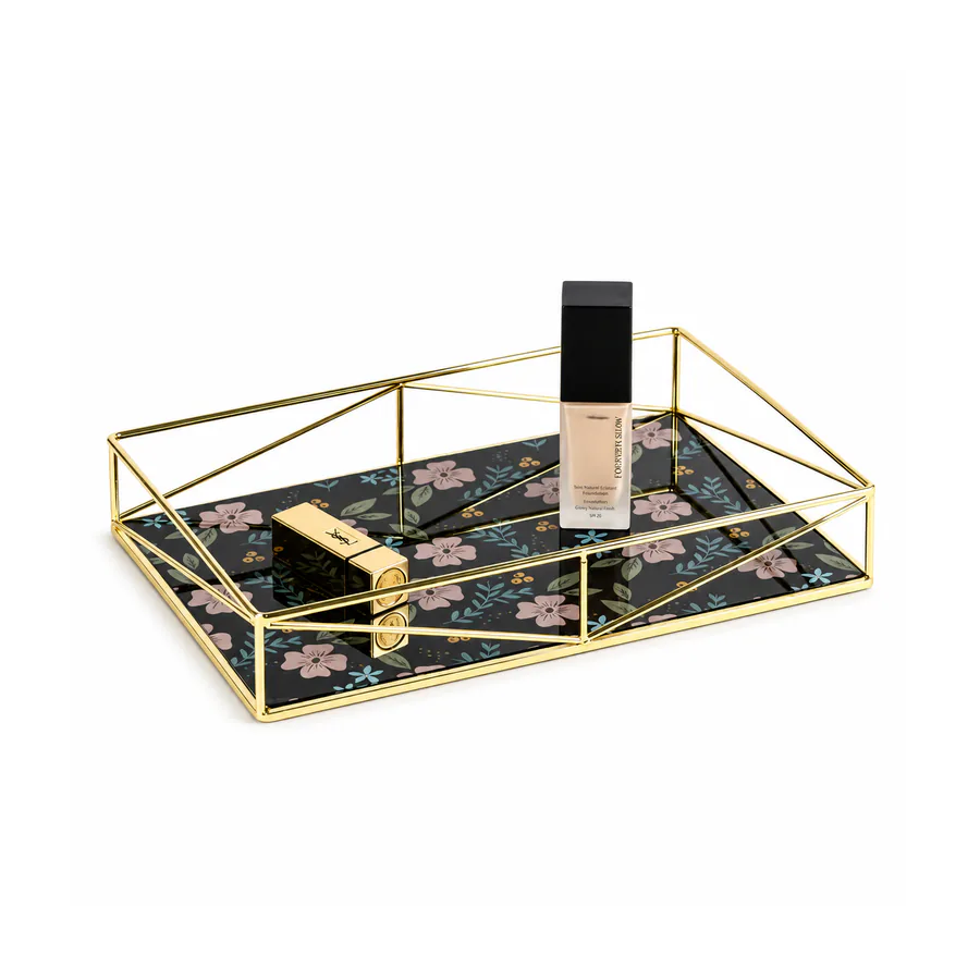 Gold Metal Frame Floral Printed Base Vanity Tray in a home setting