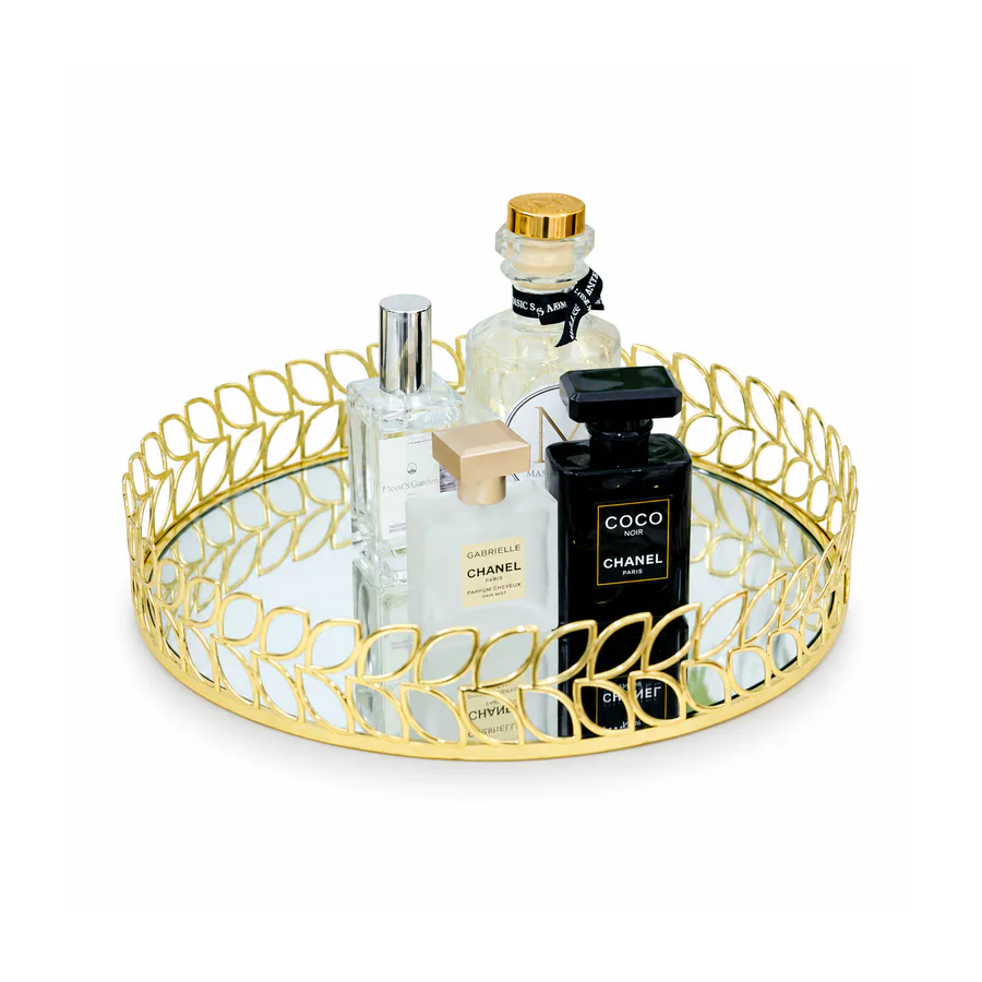 Gold Single Tier & 2-Tier  Glass and Metal Vanity Tray in a home setting