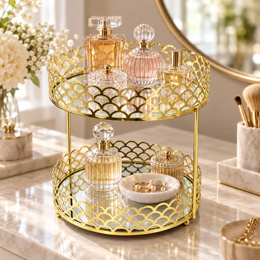 Gold Single Tier & 2-Tier  Glass and Metal Vanity Tray in a home setting