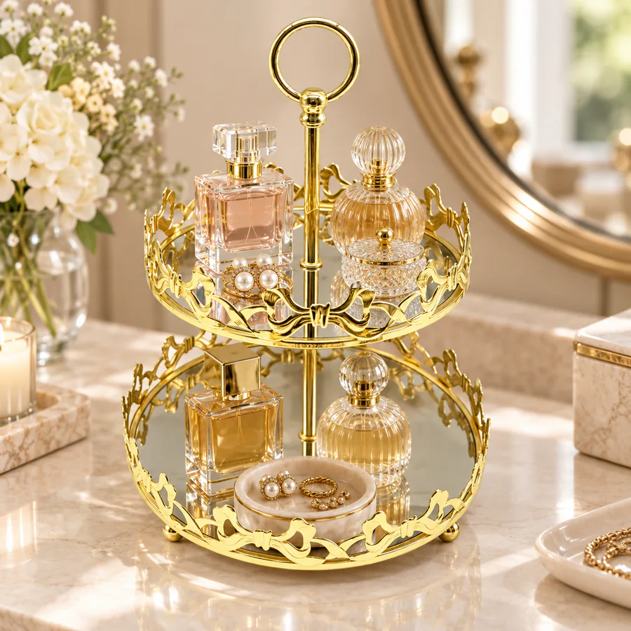 2-Tier  Gold Bow Cutout Metal Vanity Tray in a home setting