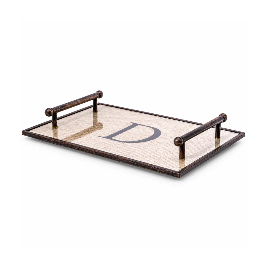 Monogram Letter D Decorative Rectangular Tray with Black Metal Handles