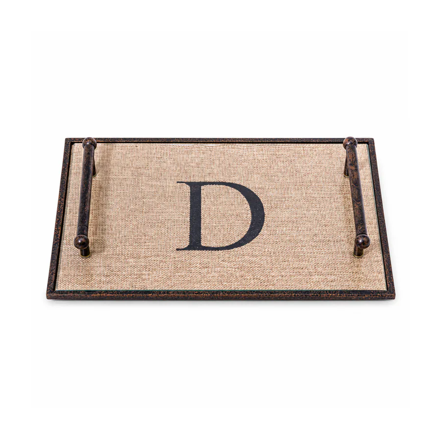 Monogram Letter D Decorative Rectangular Tray with Black Metal Handles