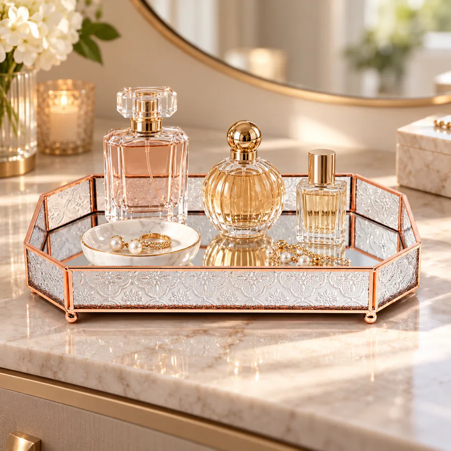 Rose Gold & Gold Metal Frame Glass Decorative Tray