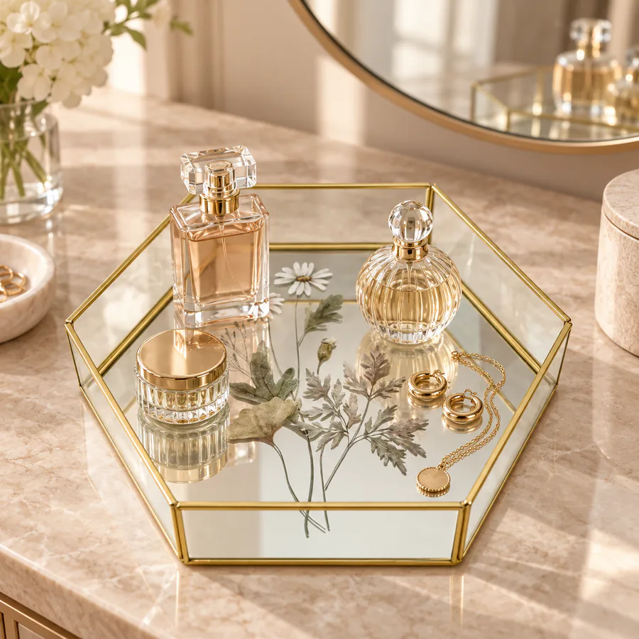 Gold & Gold Metal Frame Glass Decorative Tray