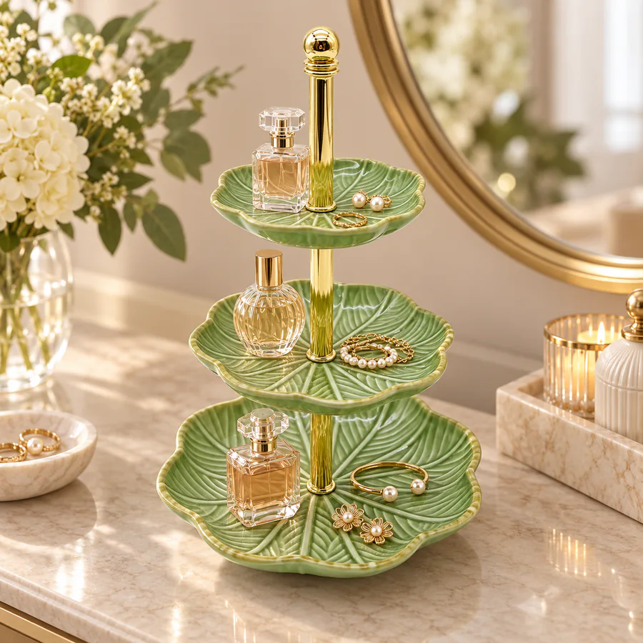 3-tier ceramic tray stand in a home setting