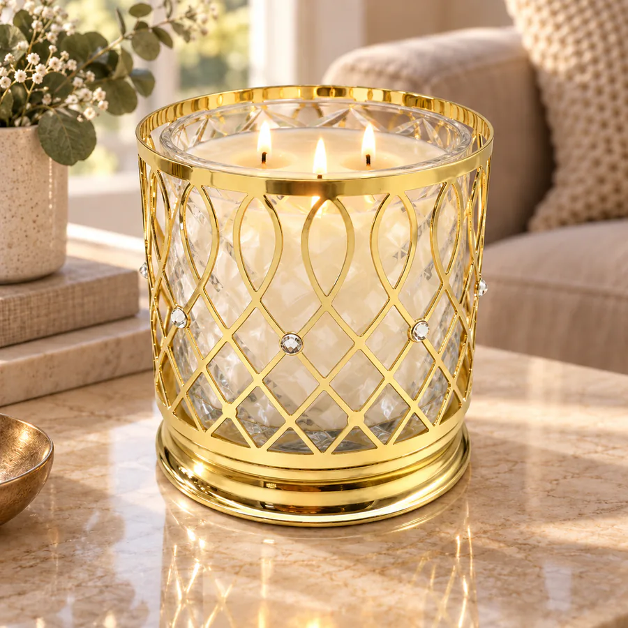 Gold With Gem  Pedestal Candle Holder in a home setting