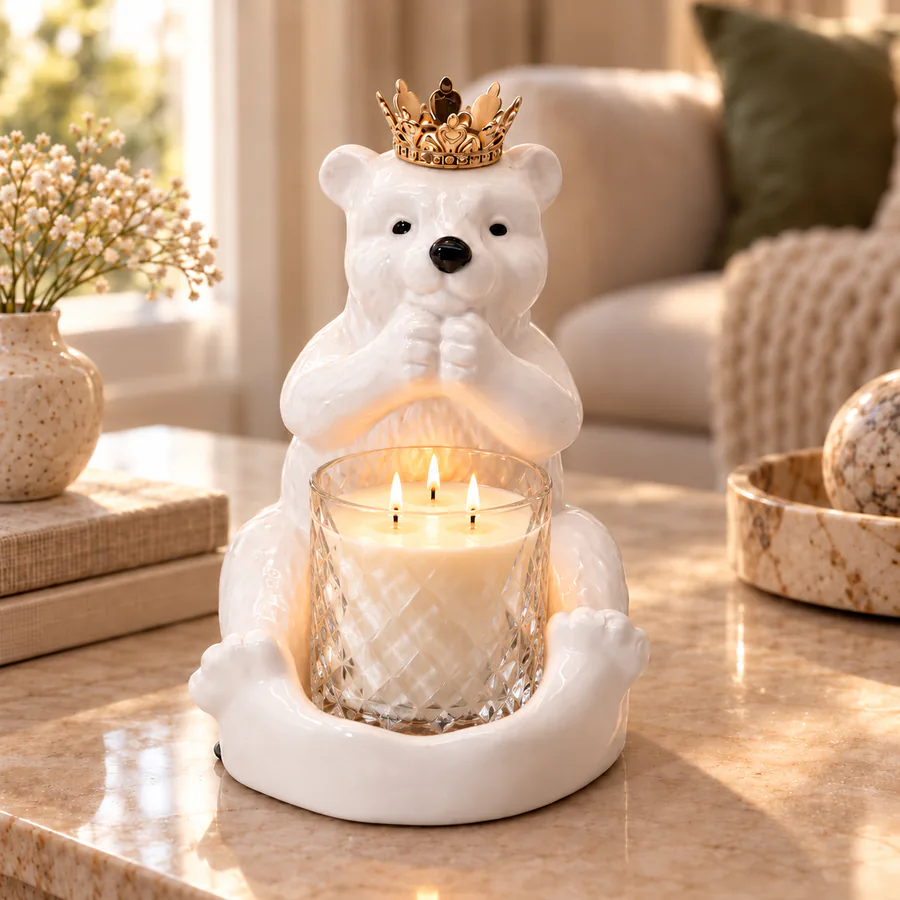 Crowned White Bear Ceramic Candle Holder in a home setting