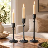 Black Vintage Cast Iron Taper Candle Holders Set of 3