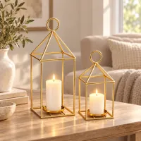 Gold Metal Wire Lantern Candle Holder Set of 2