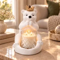Crowned White Bear Ceramic Candle Holder
