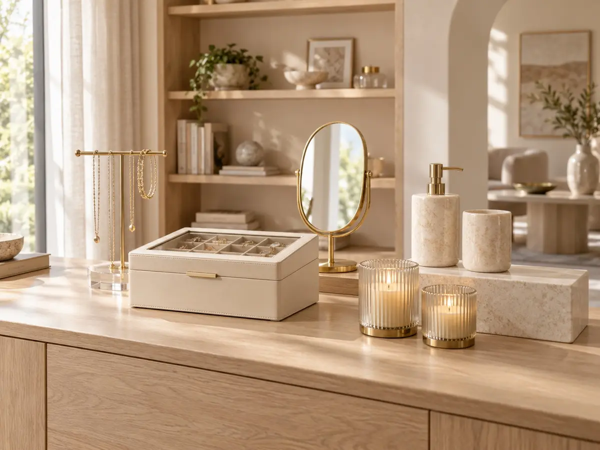 Coordinated home decor, jewelry storage and bathroom accessories